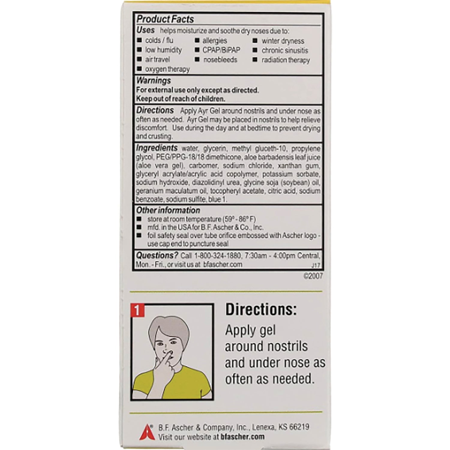 BFA005 | Back panel showing Product Facts, ingredients list and directions to apply gel around nostrils and under nose as needed