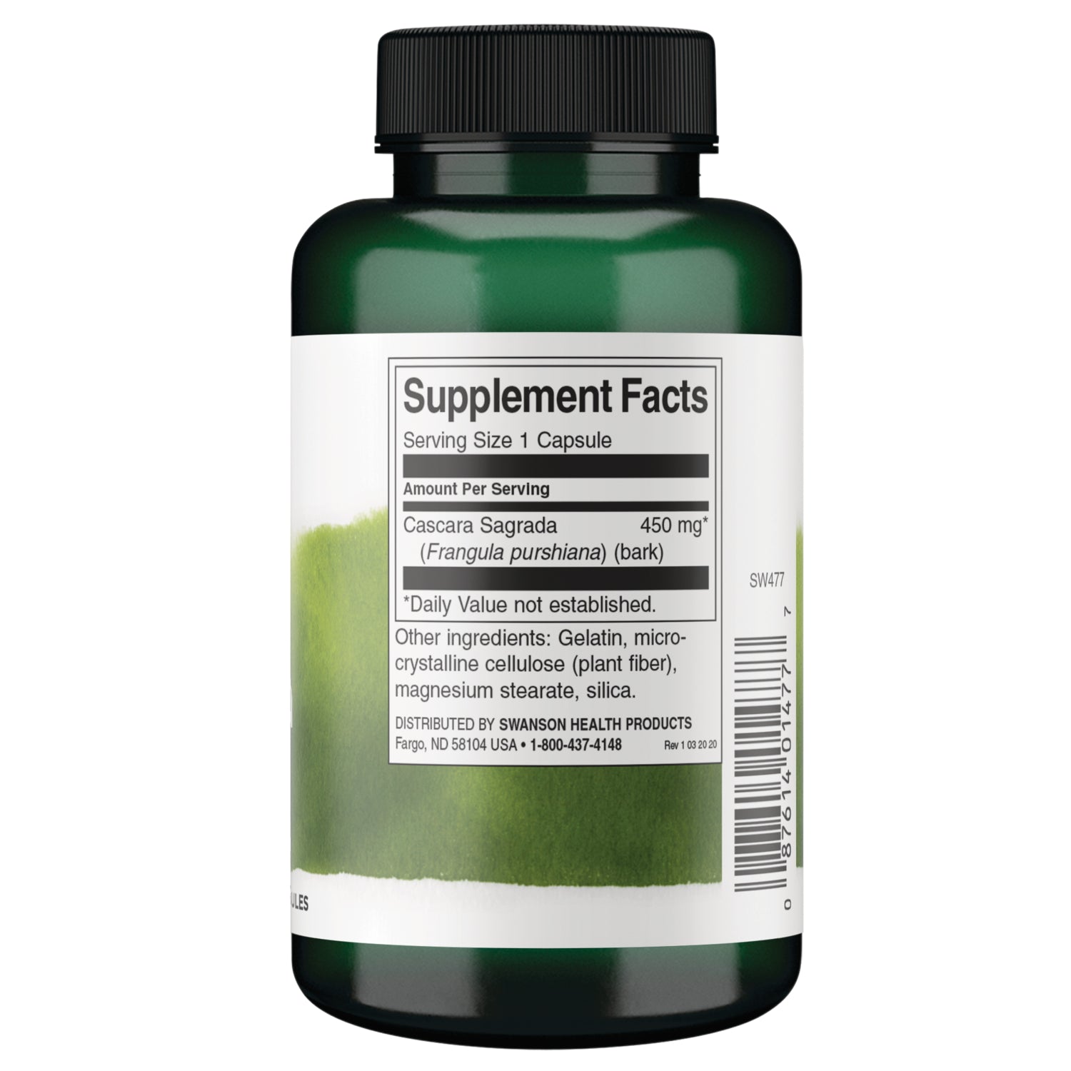 SW477 | Back label Supplement Facts: Serving Size 1 capsule; Cascara Sagrada 450 mg