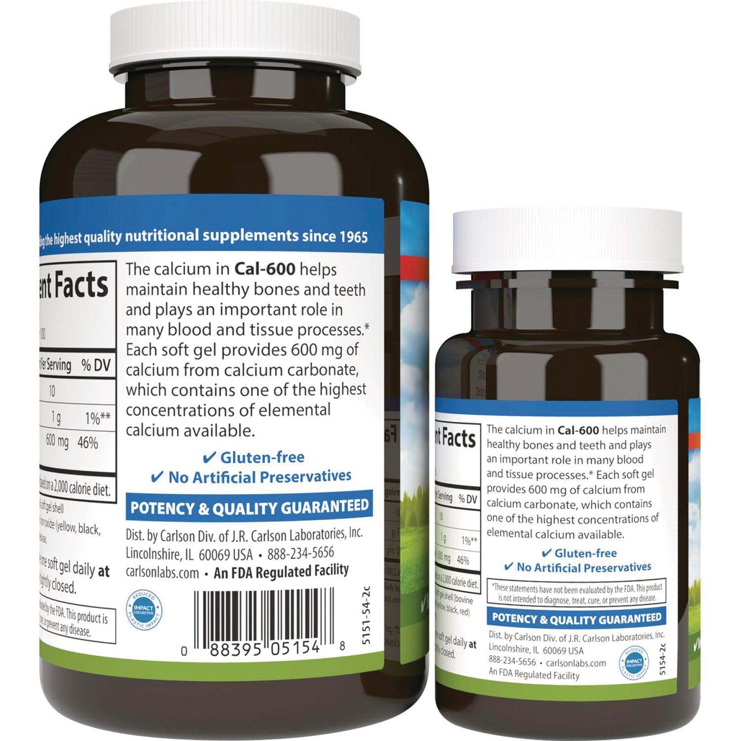 CSN127 | Back labels of two brown supplement bottles showing supplement facts, gluten-free and no artificial preservatives claims