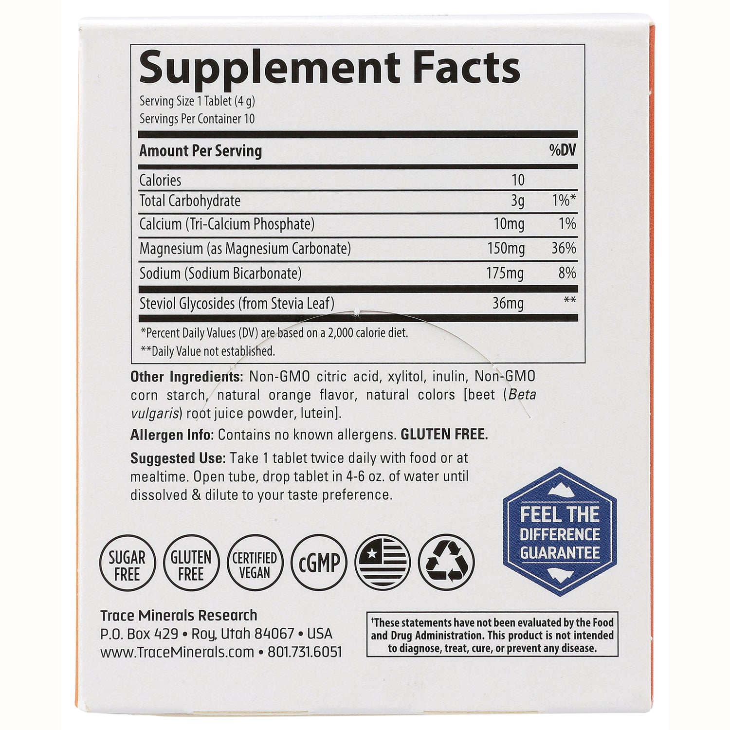 TM075 | Back label with Supplement Facts, ingredients, usage, Sugar Free, Gluten Free, Certified Vegan, cGMP
