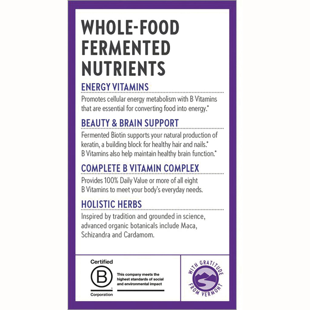 NWC367 | product infographic listing whole-food fermented nutrients: energy vitamins, beauty and brain support, complete B vitamin complex, holistic herbs - Thumbnail