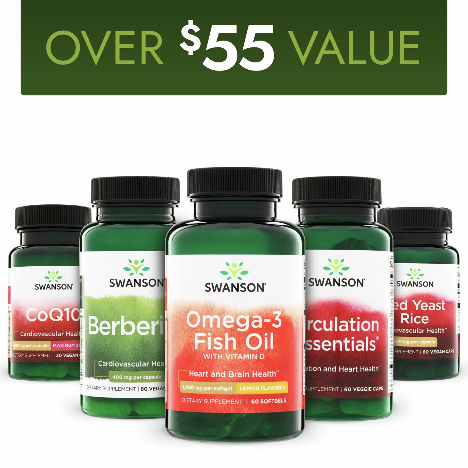 SW1815 | Swanson supplement bottles front labels: Omega-3 Fish Oil, CoQ10, Berberine, Red Yeast Rice