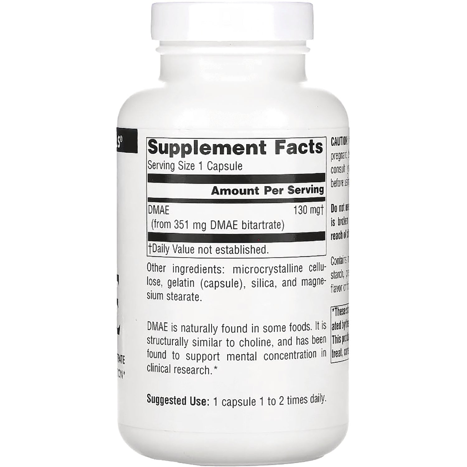 SN195 | Back label showing Supplement Facts for DMAE 130 mg per capsule and other ingredients