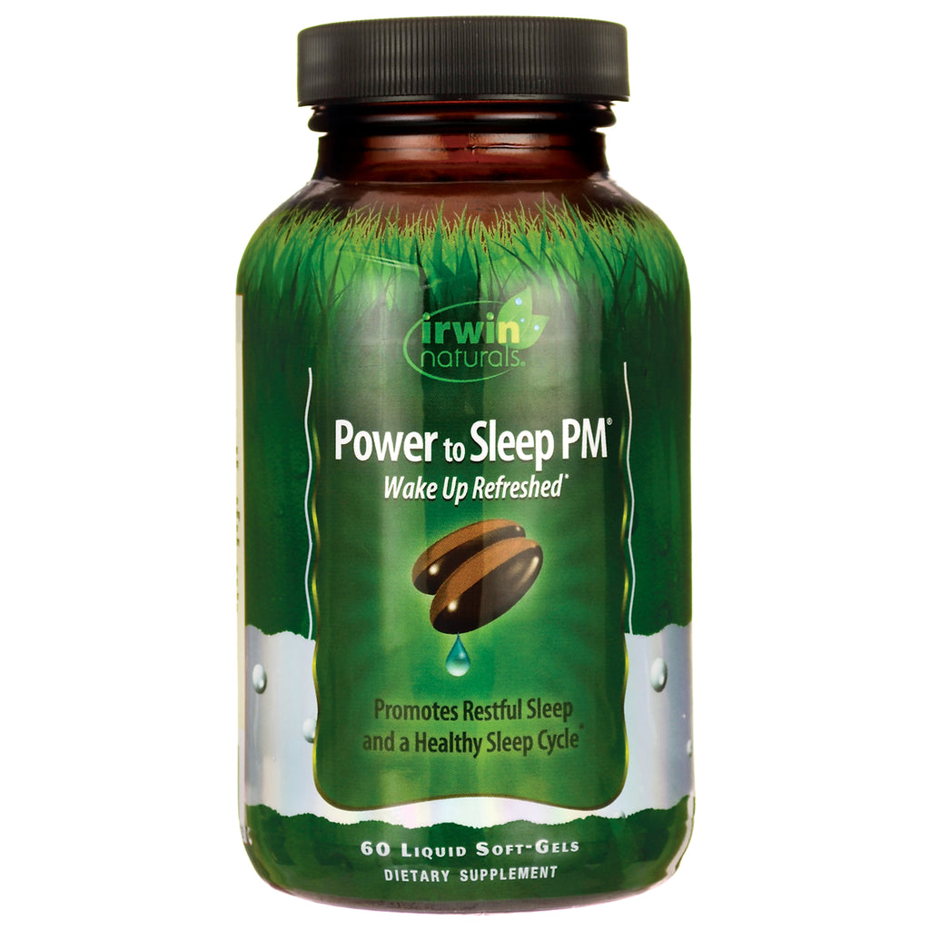 IR079 | Irwin Naturals Power to Sleep PM bottle with green label reading Wake Up Refreshed, 60 liquid soft-gels - Thumbnail