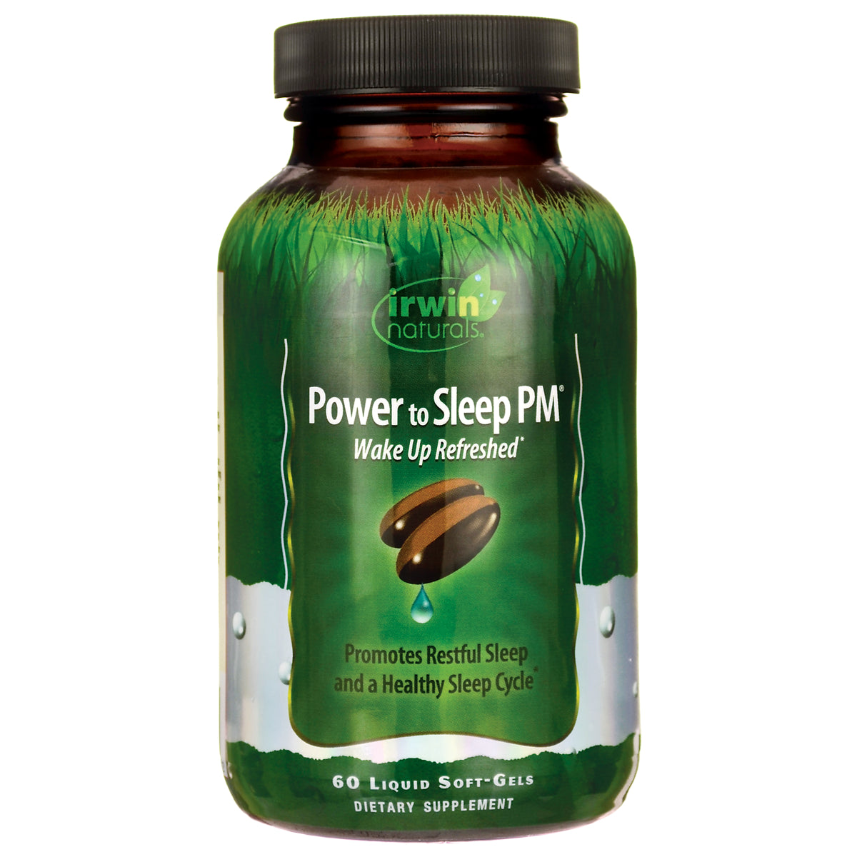 IR079 | Irwin Naturals Power to Sleep PM bottle with green label reading Wake Up Refreshed, 60 liquid soft-gels