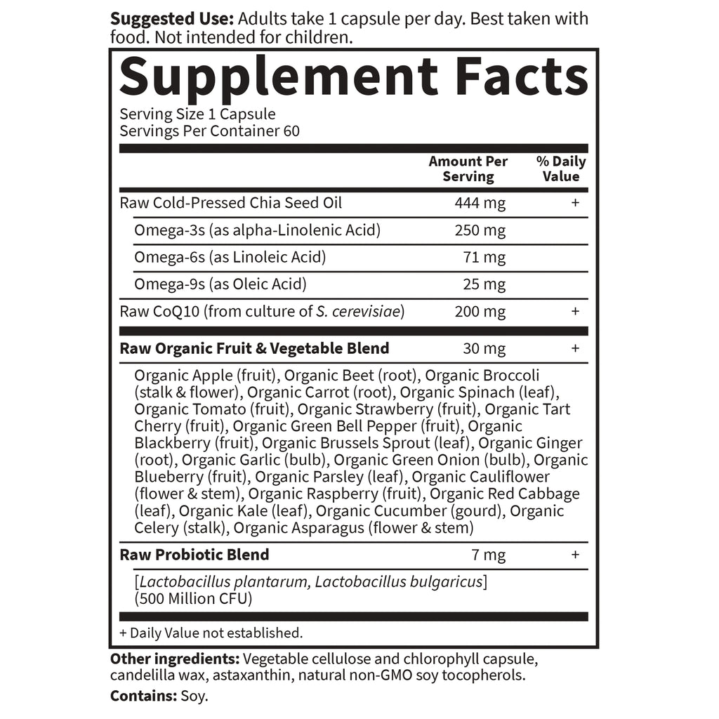 GLF135 | back supplement facts label listing serving size, Raw Cold-Pressed Chia Seed Oil, CoQ10, organic fruit & vegetable blend and probiotic blend - Thumbnail