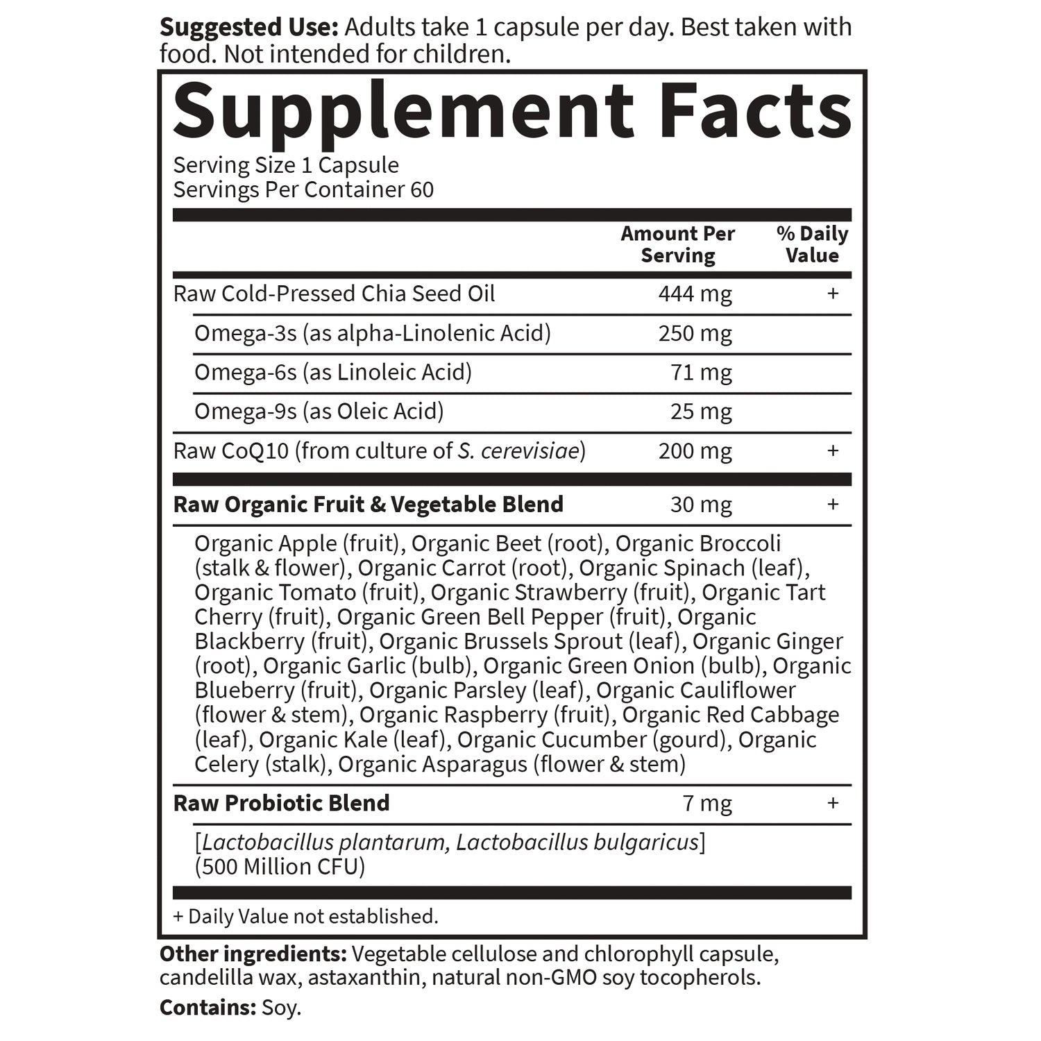 GLF135 | back supplement facts label listing serving size, Raw Cold-Pressed Chia Seed Oil, CoQ10, organic fruit & vegetable blend and probiotic blend