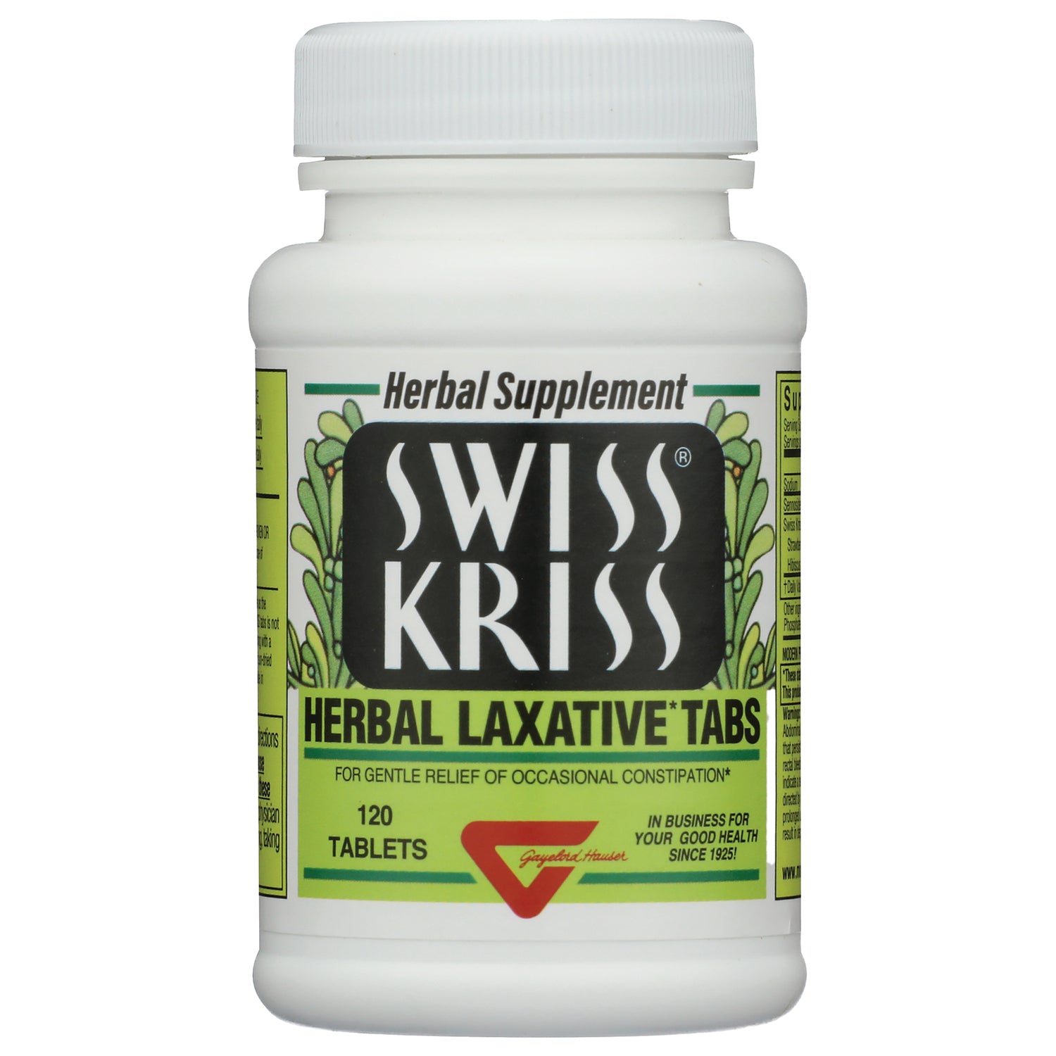 SKR001 | Swiss Kriss herbal laxative tabs bottle with green label, 120 tablets