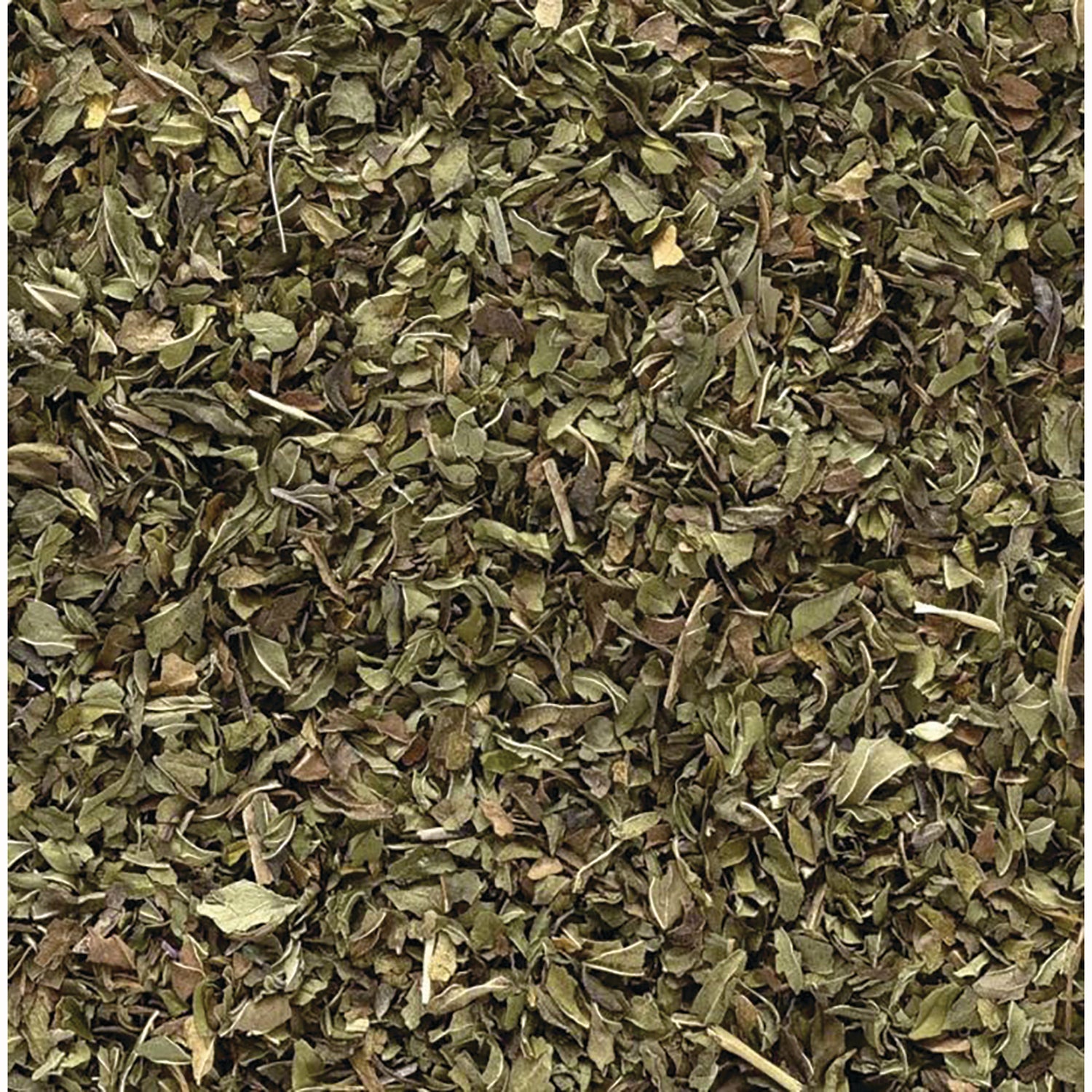 FNP387 | close-up of dried loose green herb leaves showing chopped leaf texture