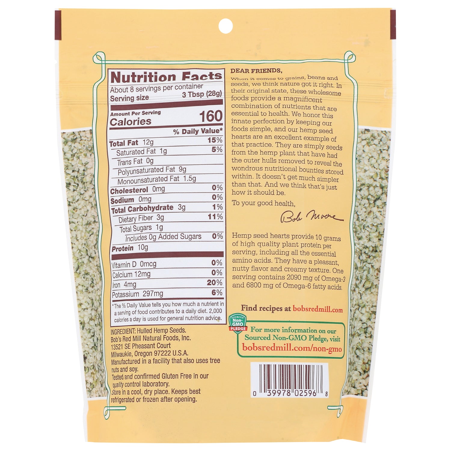 BOB256 | Nutrition facts panel, ingredient information and barcode on the back of a yellow hemp seed bag