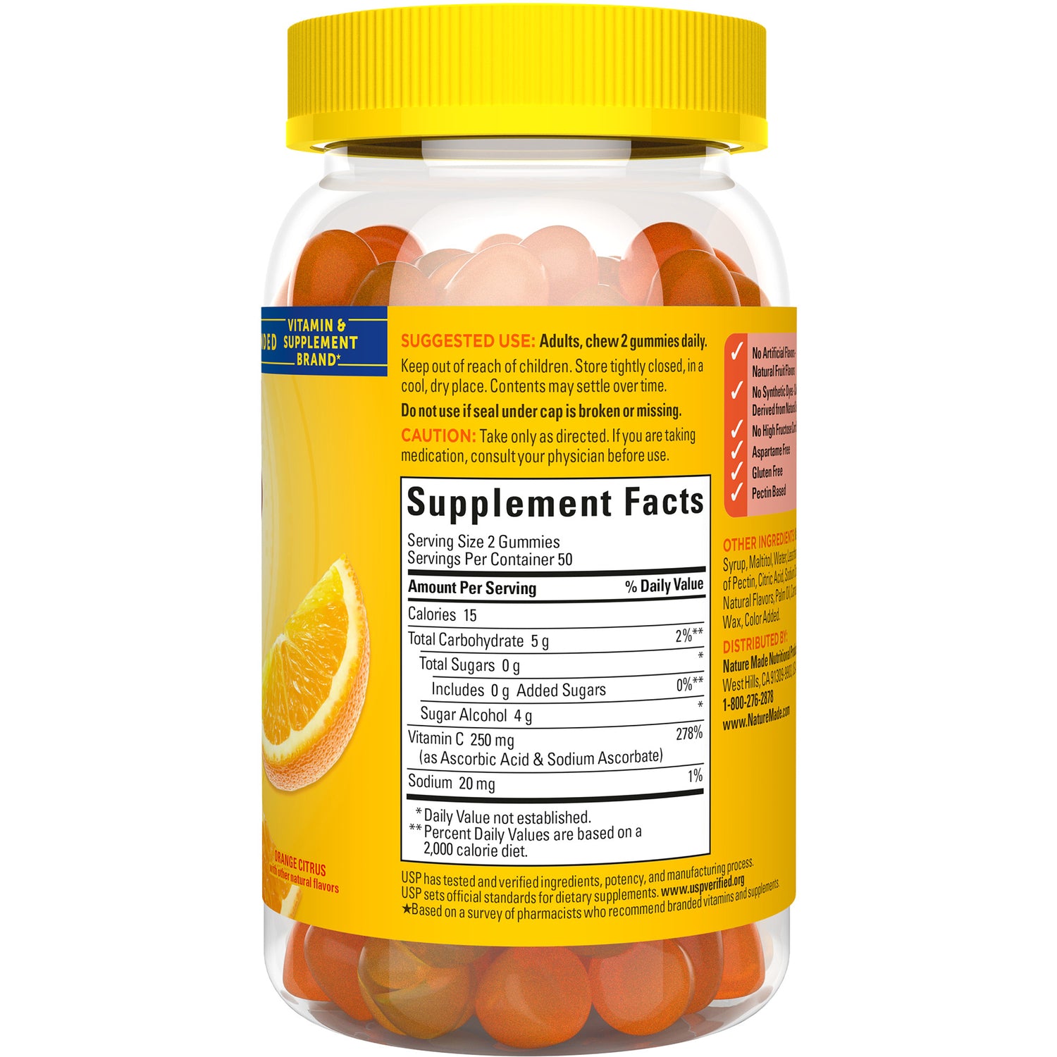 NTM200 | Back of gummy supplement bottle showing Supplement Facts panel, usage directions and orange slice graphic