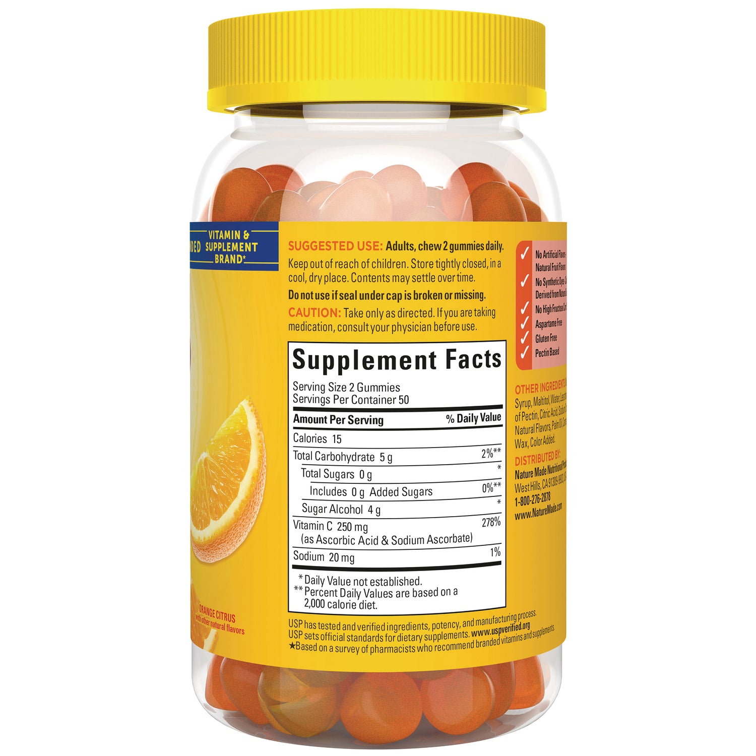 NTM200 | Back of gummy supplement bottle showing Supplement Facts panel, usage directions and orange slice graphic