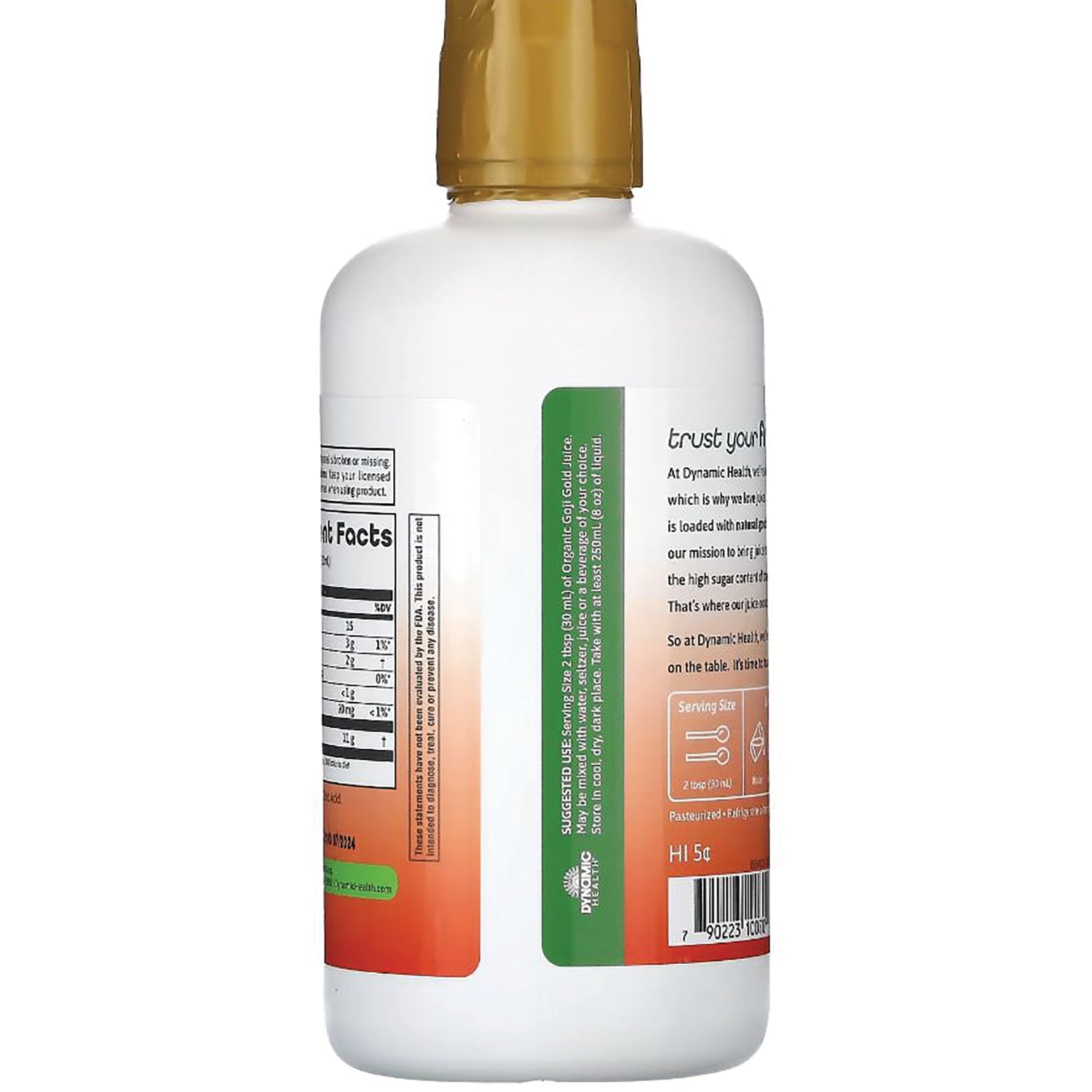 DYH007 | Back of white supplement bottle showing nutrition facts panel, suggested use column and barcode