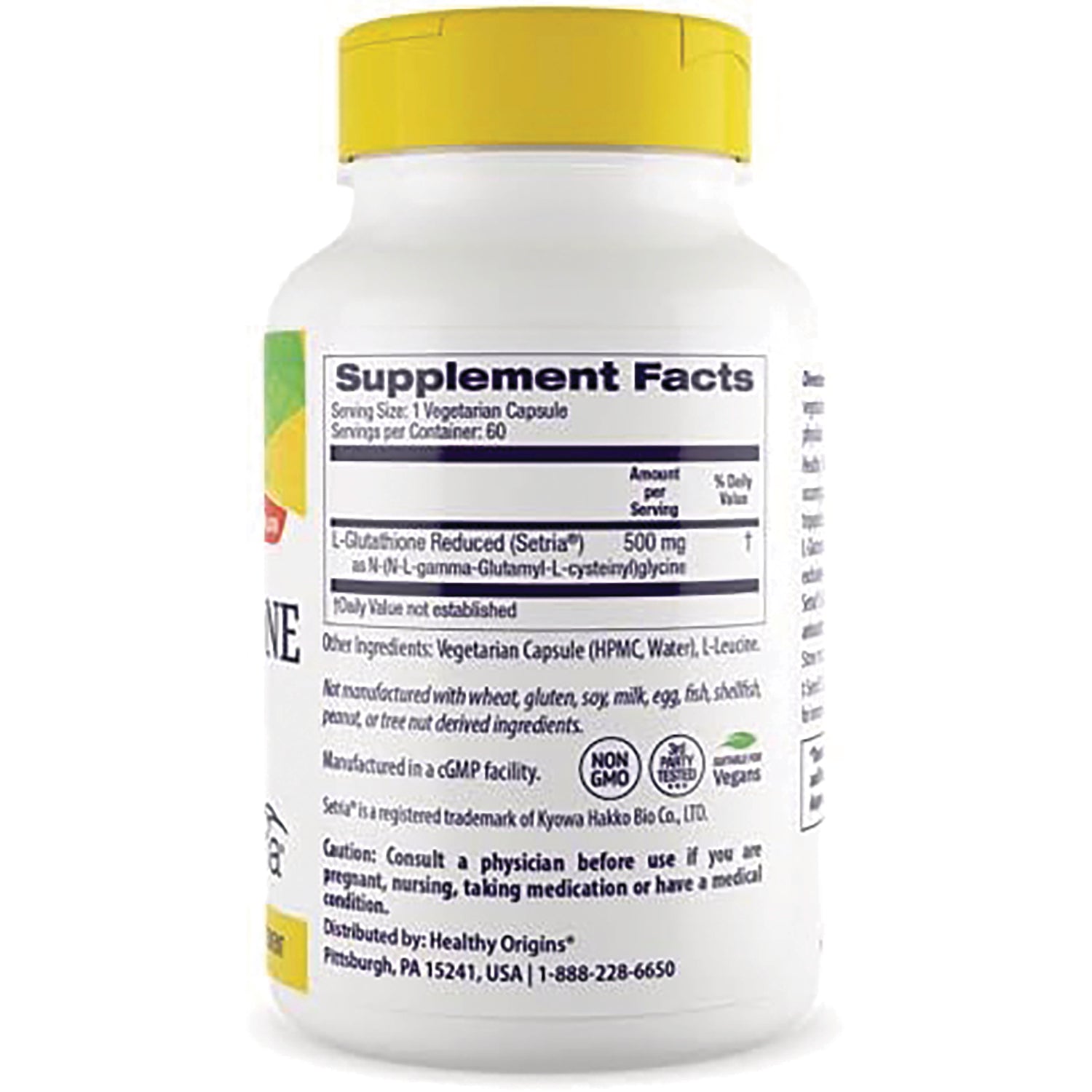 HRG002 | bottle back showing Supplement Facts panel, ingredient list, cautions, and certification icons