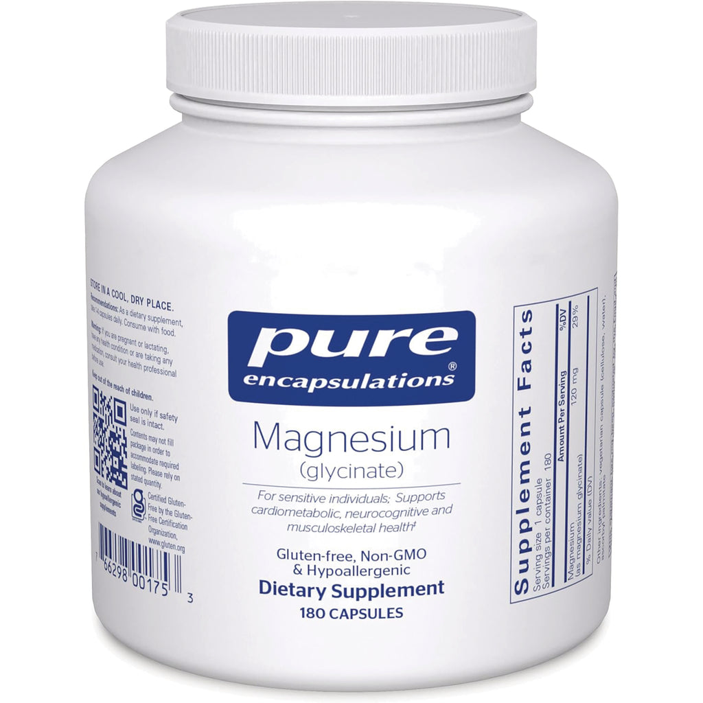 PRN001 | Pure Encapsulations Magnesium (glycinate) white supplement jar front label 180 capsules - Thumbnail