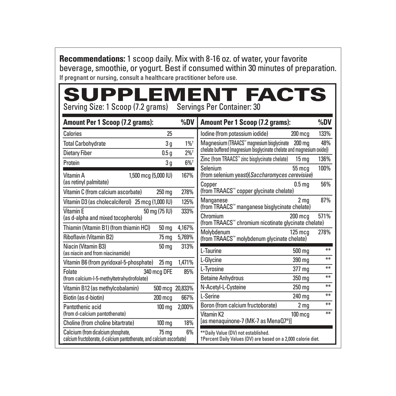 EUR076 | Supplement Facts panel with recommendations for one scoop daily and detailed vitamin and mineral amounts
