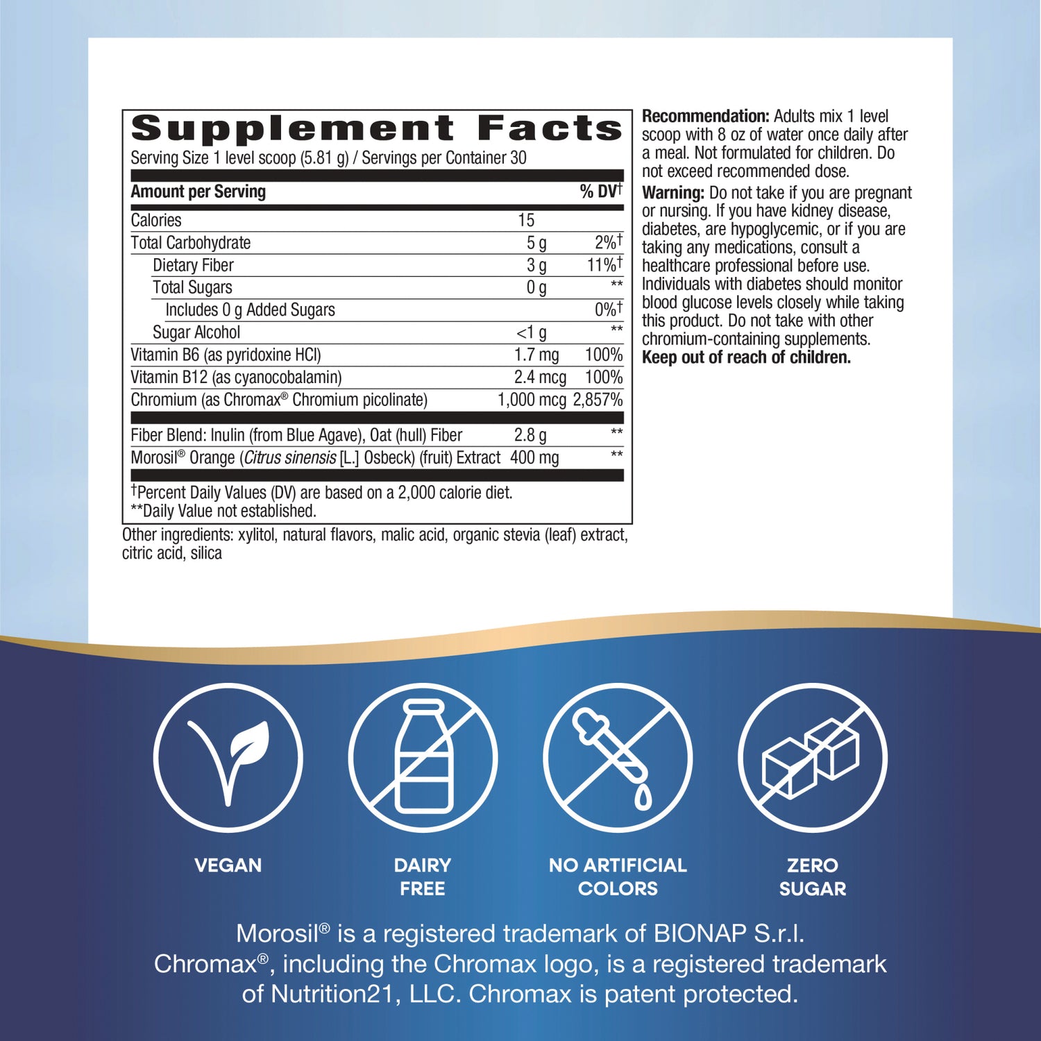 NW1069 | back label with Supplement Facts panel and icons: vegan, dairy free, no artificial colors, zero sugar