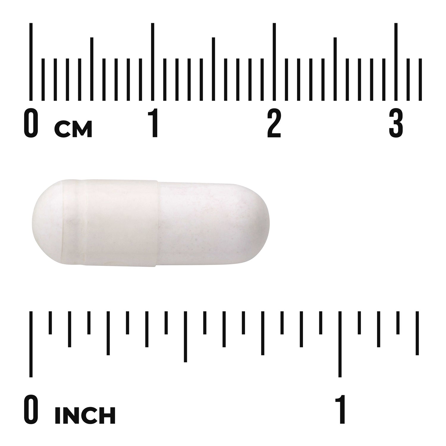 SWD005 | White capsule shown next to cm and inch rulers for size reference