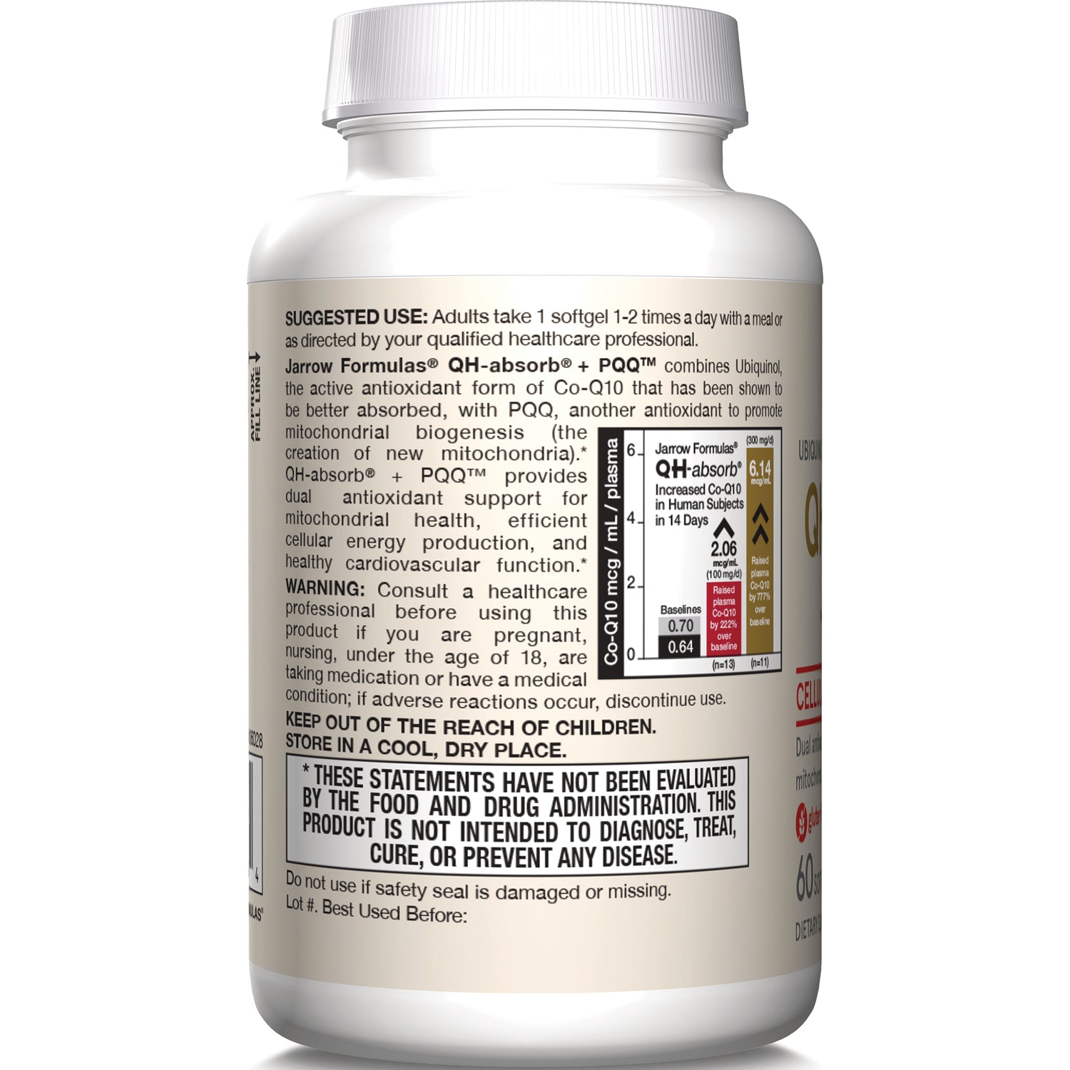 JR349 | Back label of supplement bottle showing suggested use, warnings, FDA disclaimer box and a small infographic