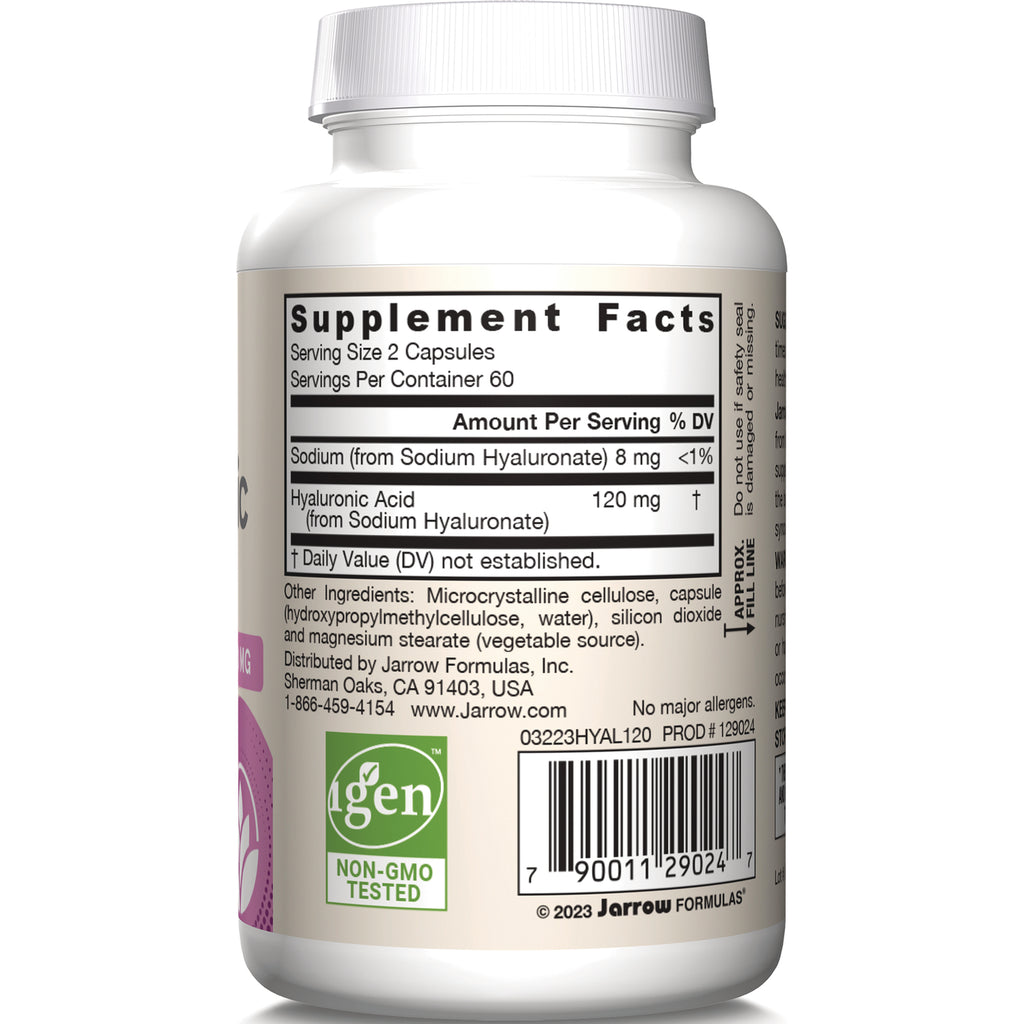 JR192 | Back label showing Supplement Facts with serving size 2 capsules, Hyaluronic Acid 120 mg, ingredients, barcode and non-GMO tested logo - Thumbnail