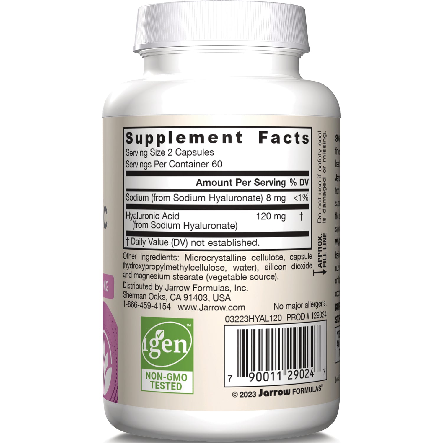JR192 | Back label showing Supplement Facts with serving size 2 capsules, Hyaluronic Acid 120 mg, ingredients, barcode and non-GMO tested logo