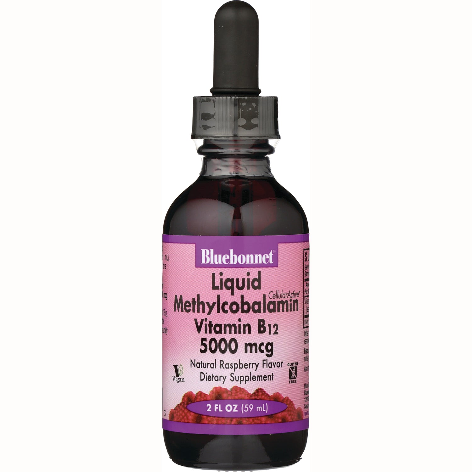 BLU095 | Bluebonnet liquid methylcobalamin Vitamin B12 5000 mcg raspberry flavored dropper bottle 2 fl oz