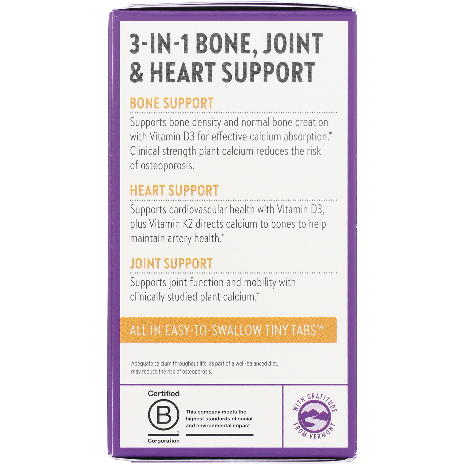 NWC213 | Product infographic: 3-IN-1 BONE, JOINT & HEART SUPPORT with bone, heart, joint benefit text and ALL IN EASY-TO-SWALLOW TINY TABS banner