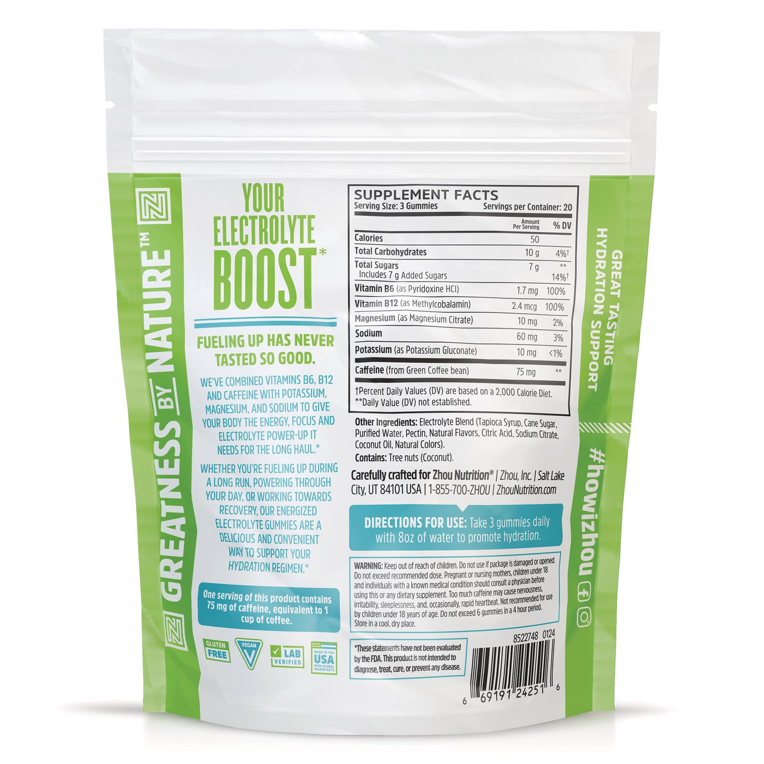 ZOU078 | Back of electrolyte gummies pouch with Supplement Facts, Your Electrolyte Boost, directions, and nutrition panel