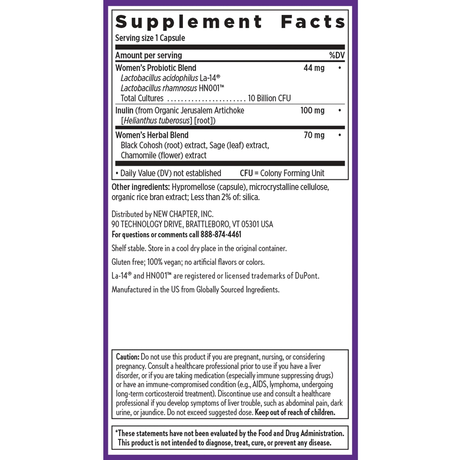 NWC396 | Supplement facts back label showing serving size, ingredients, distributor details, and caution