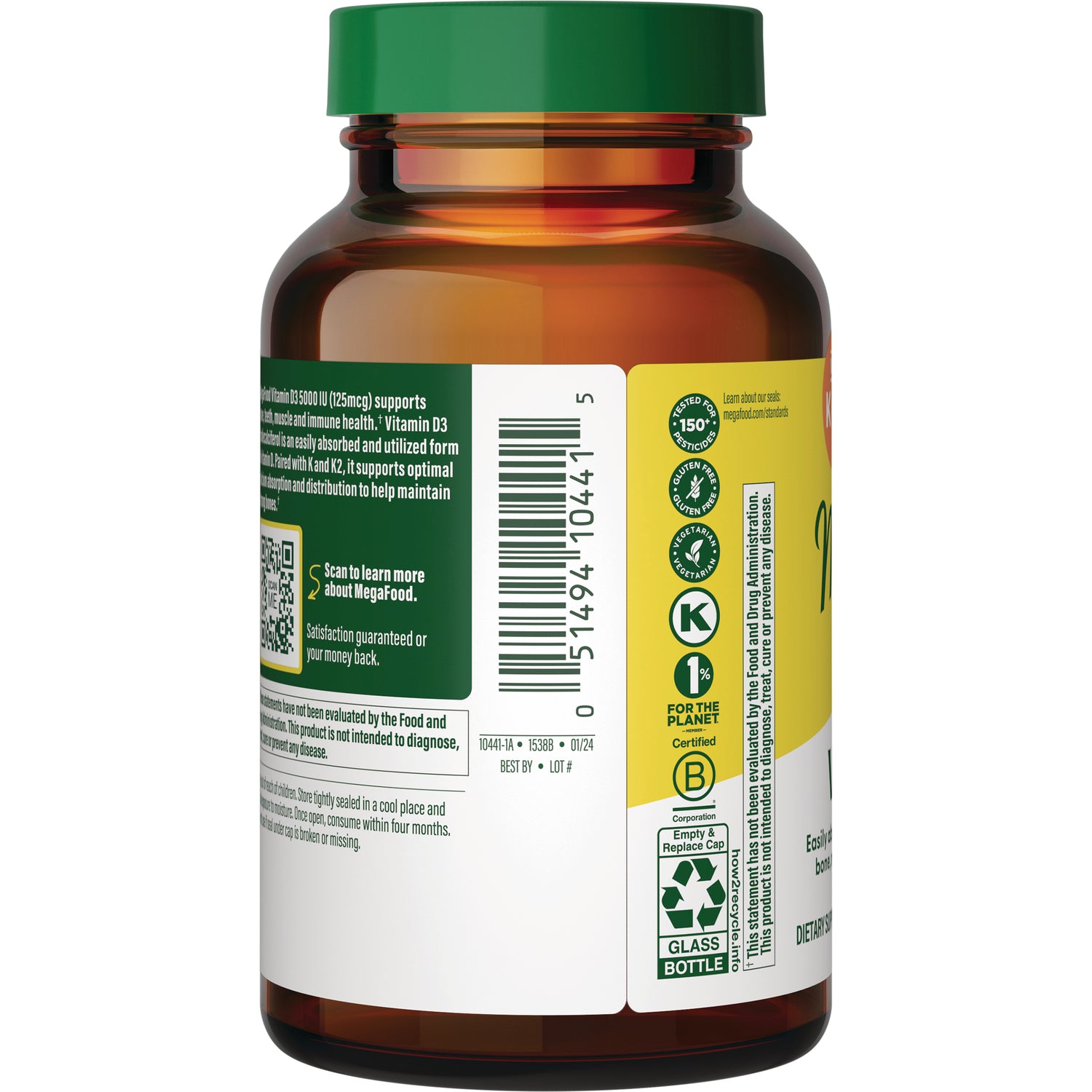 MGF111 | Back of amber glass supplement bottle showing barcode, label text, and certification icons