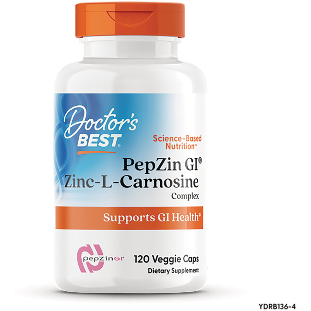 Doctor's Best PepZin GI Zinc-L-Carnosine bottle, 120 Veggie Caps, white bottle with orange cap, label supports GI Health - Thumbnail
