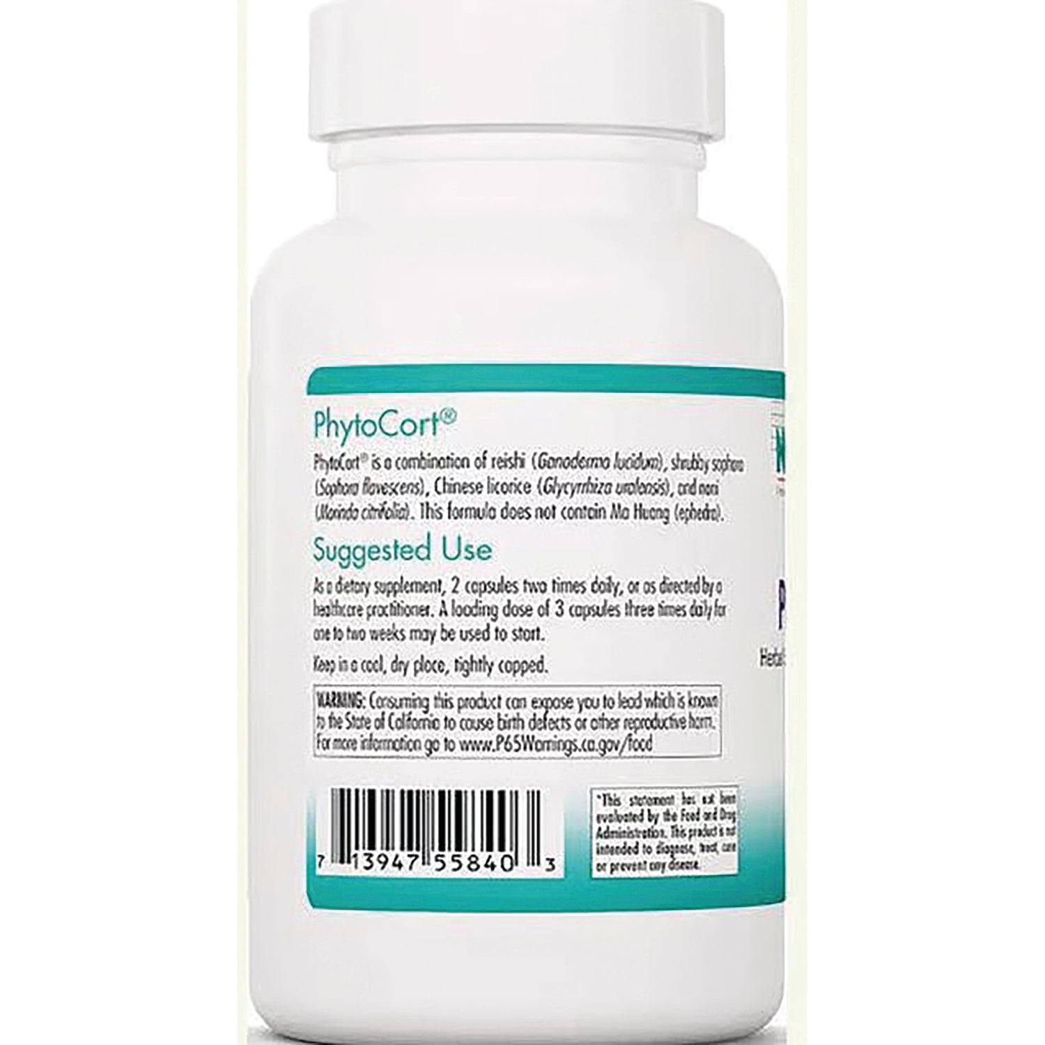 NCL044 | Back label of PhytoCort supplement bottle showing suggested use, warning text, and barcode