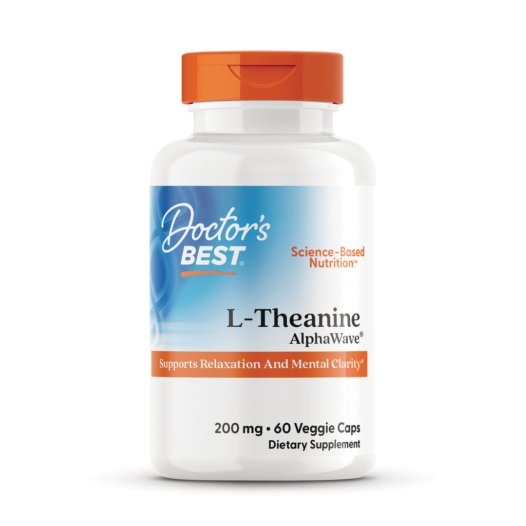 DB300 | Doctor's Best L-Theanine AlphaWave bottle with orange cap, 200 mg, 60 veggie caps, supports relaxation and mental clarity - Thumbnail