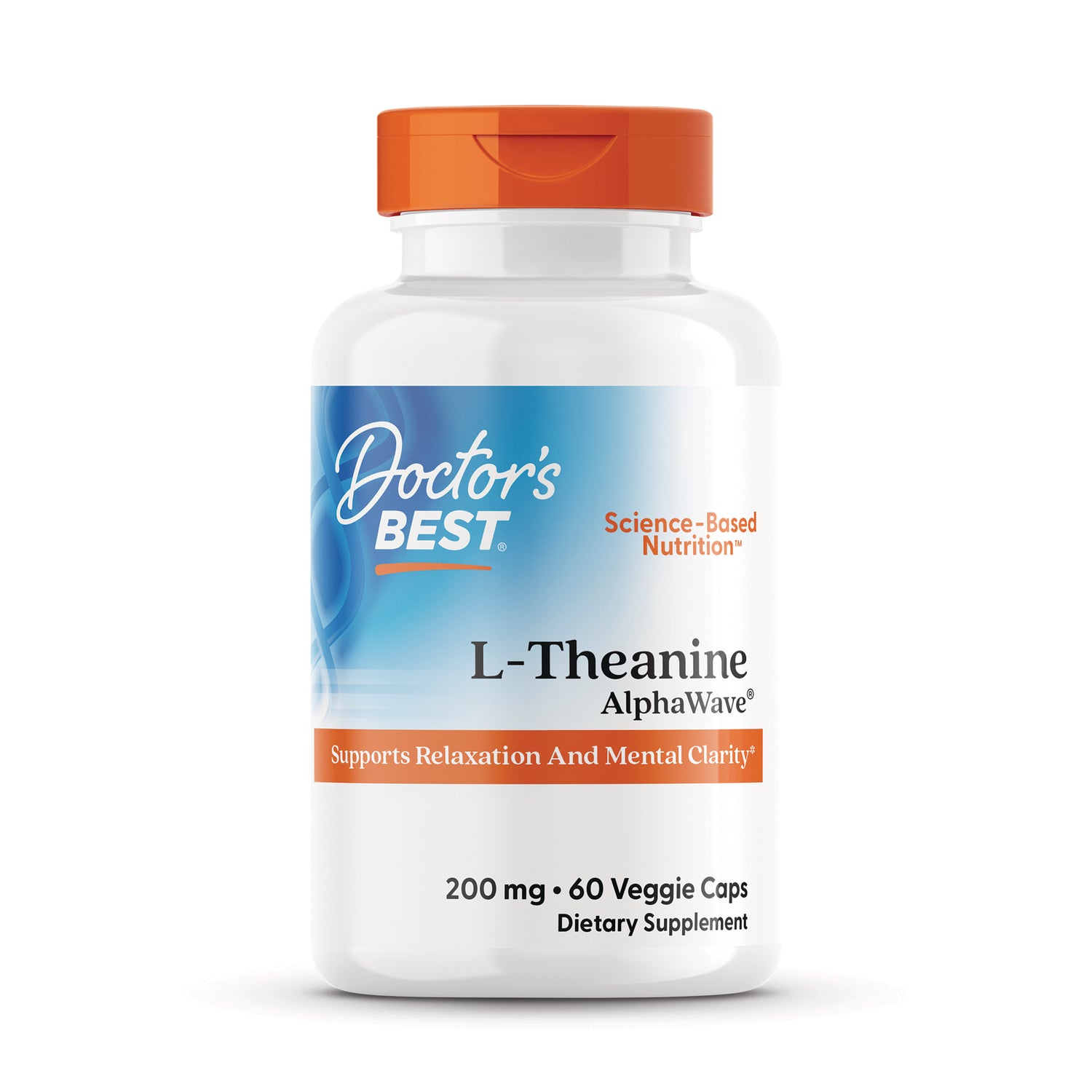 DB300 | Doctor's Best L-Theanine AlphaWave bottle with orange cap, 200 mg, 60 veggie caps, supports relaxation and mental clarity