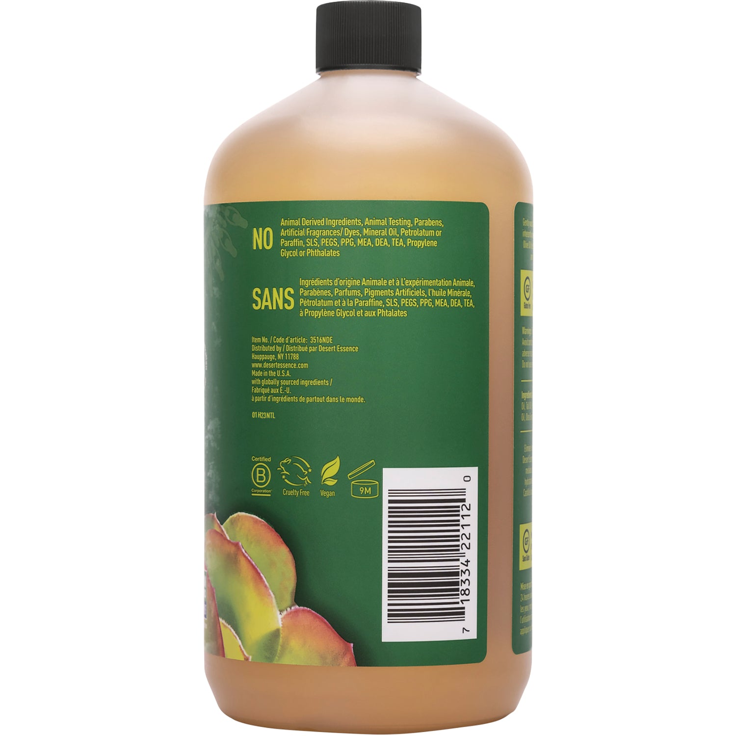 Back of amber bottle with green label reading NO SANS, ingredient text, barcode and cruelty free and vegan icons