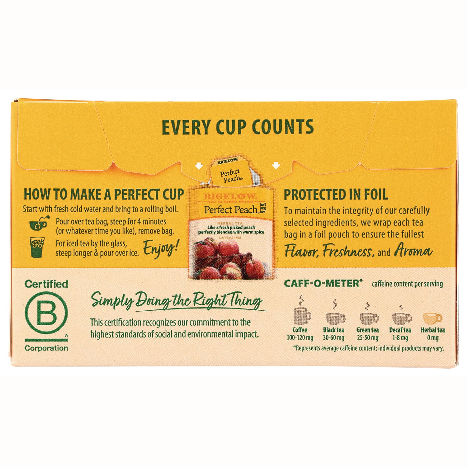 BGT023 | infographic back of Perfect Peach tea box showing brewing instructions, foil protection and caffeine chart