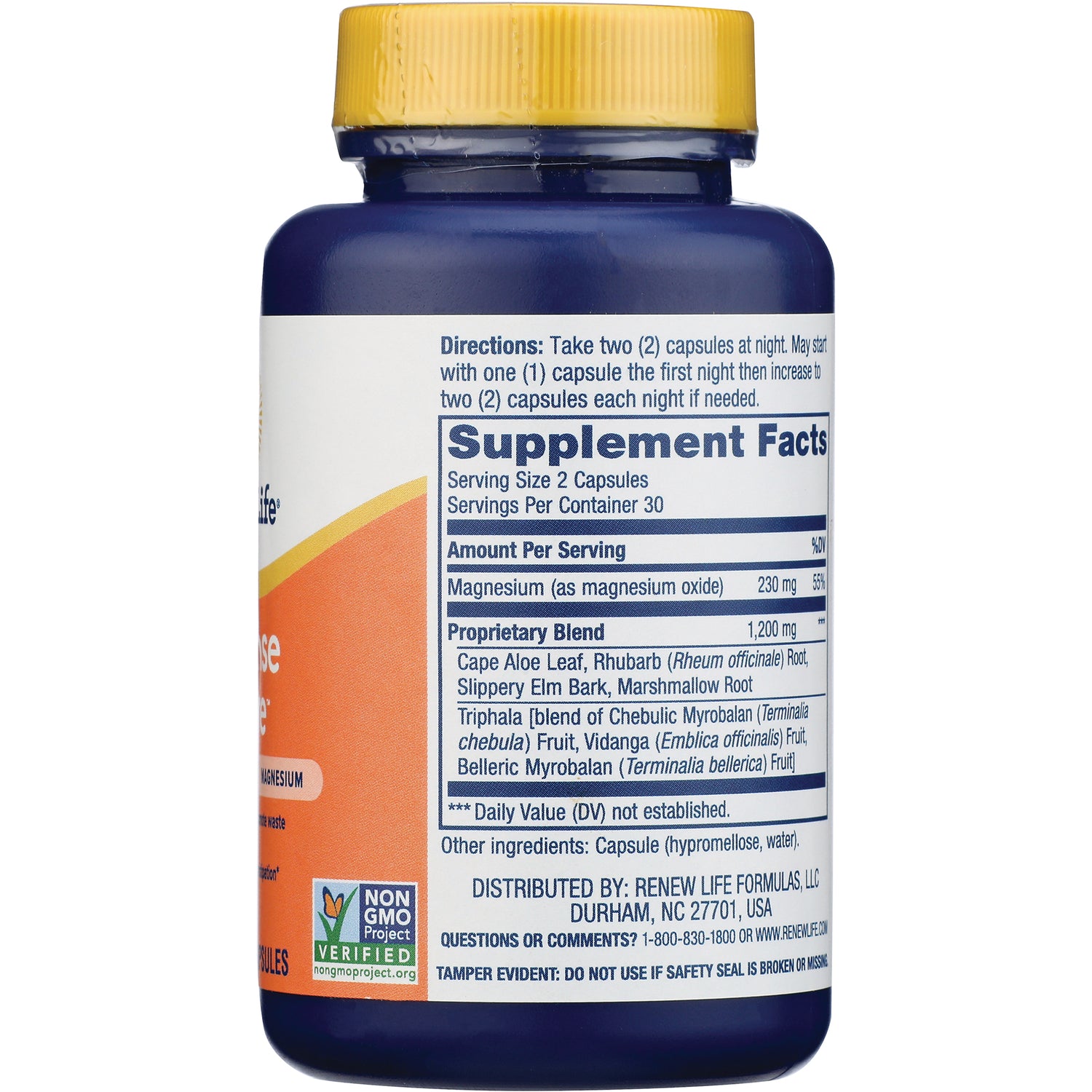 RNL015 | Back of navy supplement bottle showing Supplement Facts panel, directions and ingredients label