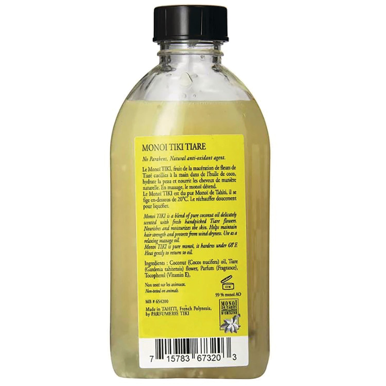 MON001 | Back label of clear bottle of monoi oil with yellow ingredients label and barcode