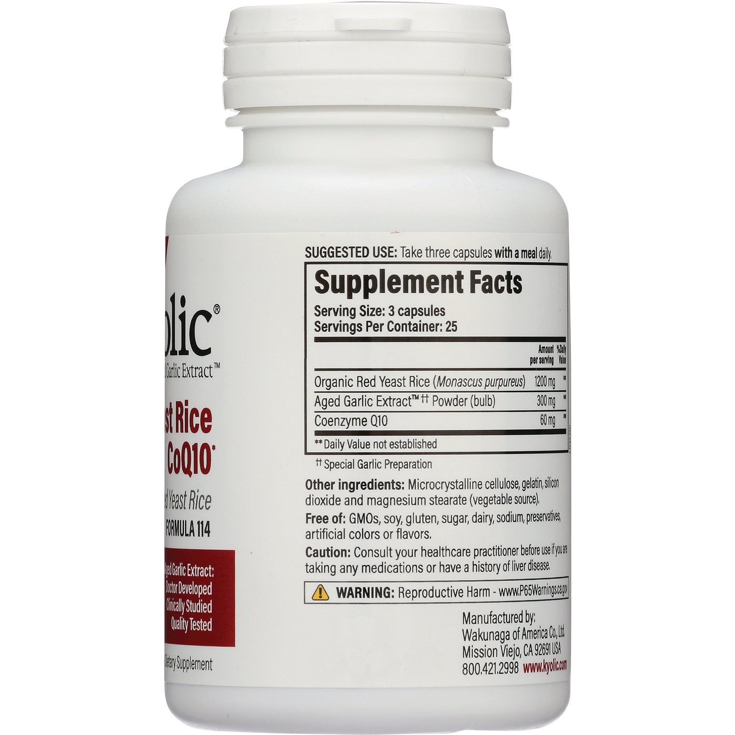 Supplement Facts panel on back of white supplement bottle showing serving size, ingredient amounts, other ingredients, and warning