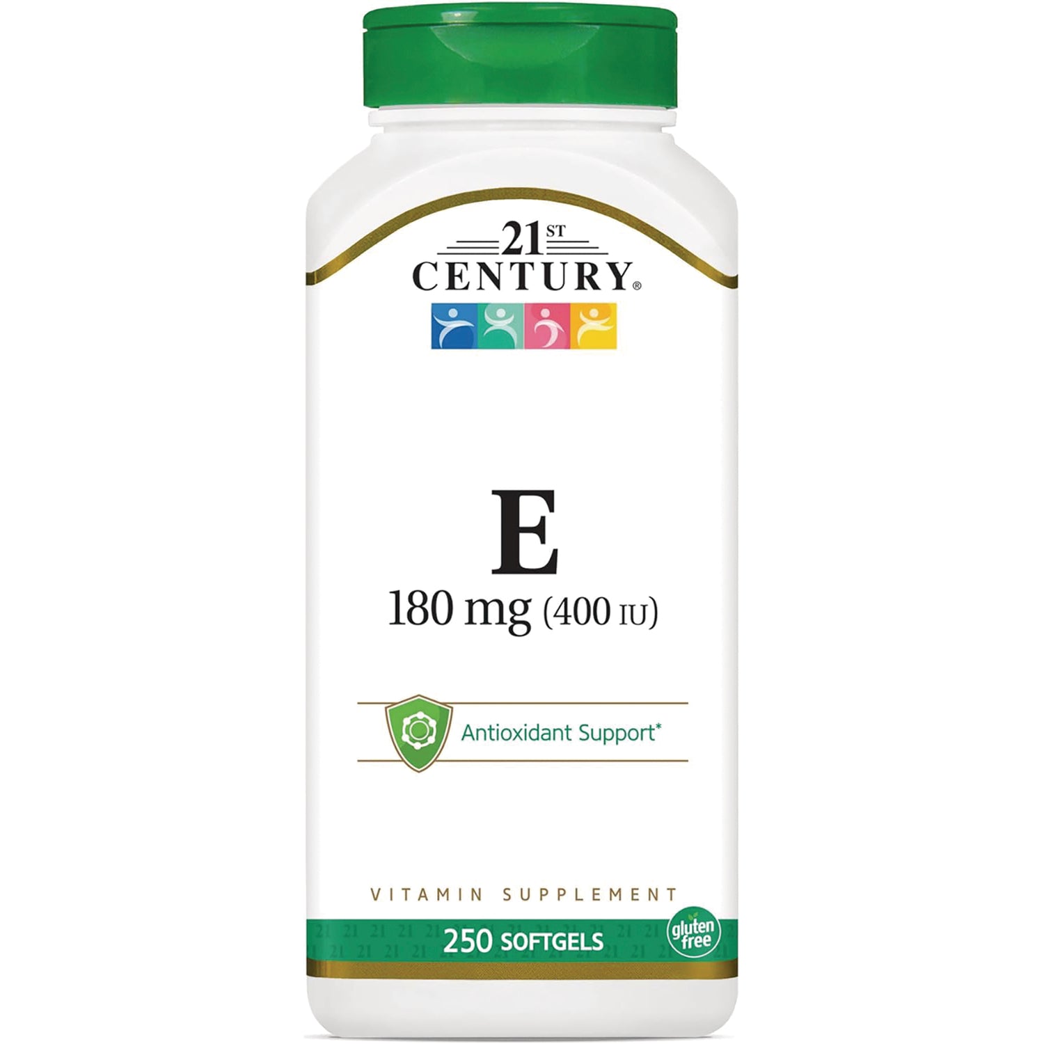 CNT182 | 21st Century Vitamin E 180 mg (400 IU) white bottle front labeled Antioxidant Support 250 softgels gluten free