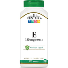CNT182 | 21st Century Vitamin E 180 mg (400 IU) white bottle front labeled Antioxidant Support 250 softgels gluten free