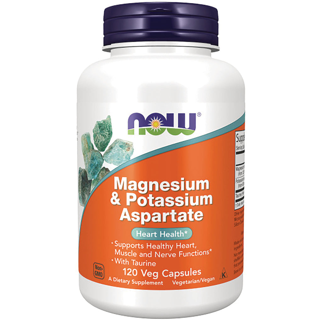 NWF1297 | White bottle of Magnesium & Potassium Aspartate dietary supplement with orange front label reading 120 Veg Capsules - Thumbnail