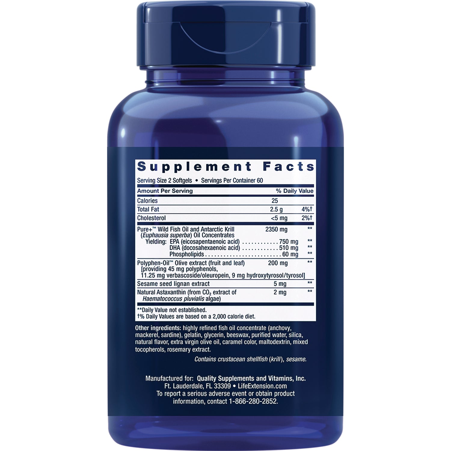 LE387 | back of blue supplement bottle showing Supplement Facts panel and ingredient/warning text