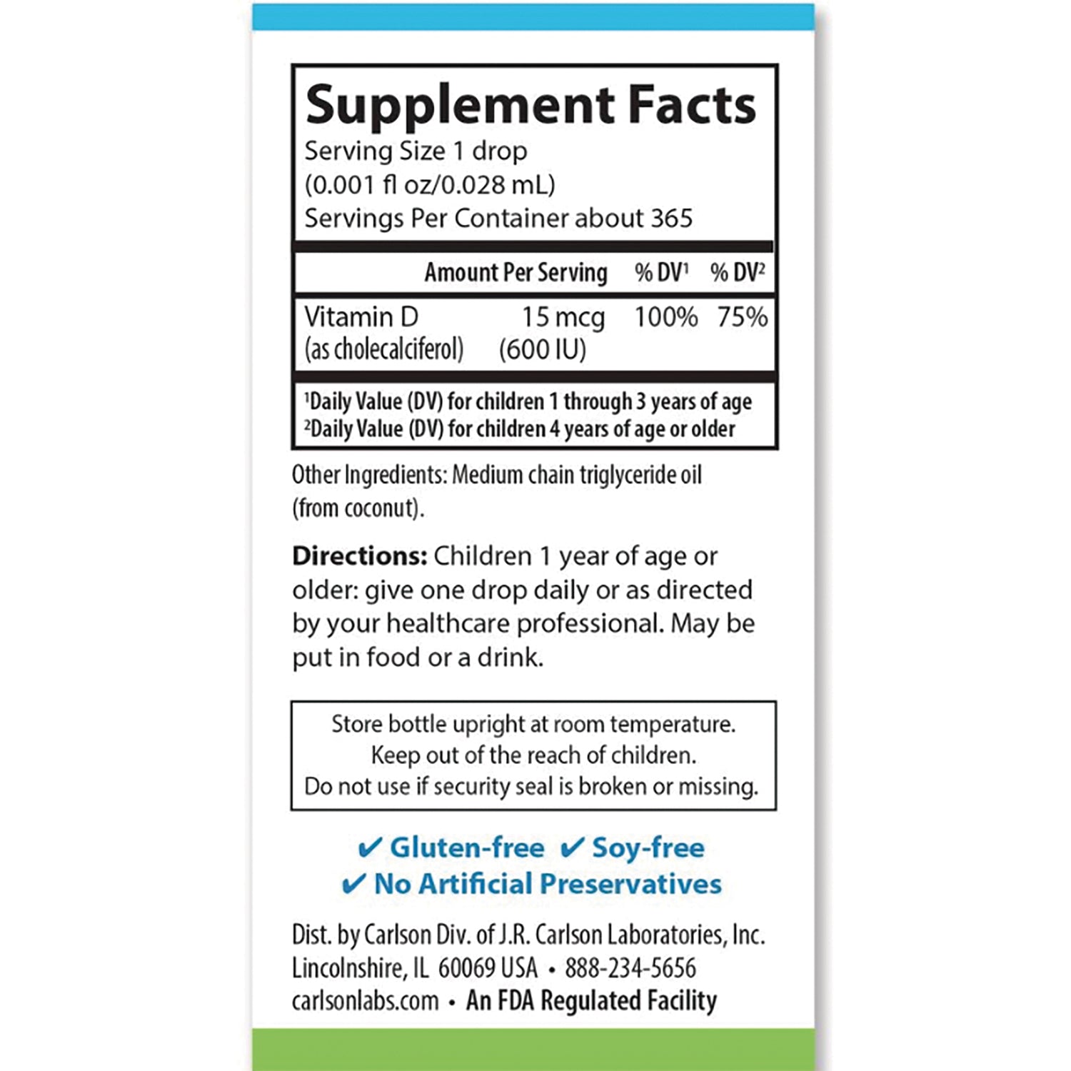 CSN238 | Back label showing Supplement Facts for Vitamin D 15 mcg (600 IU), directions, other ingredients and storage info