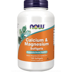 NWF033 | NOW Calcium & Magnesium softgels bottle, 120 softgels, supports bone health with vitamin D-3 and zinc