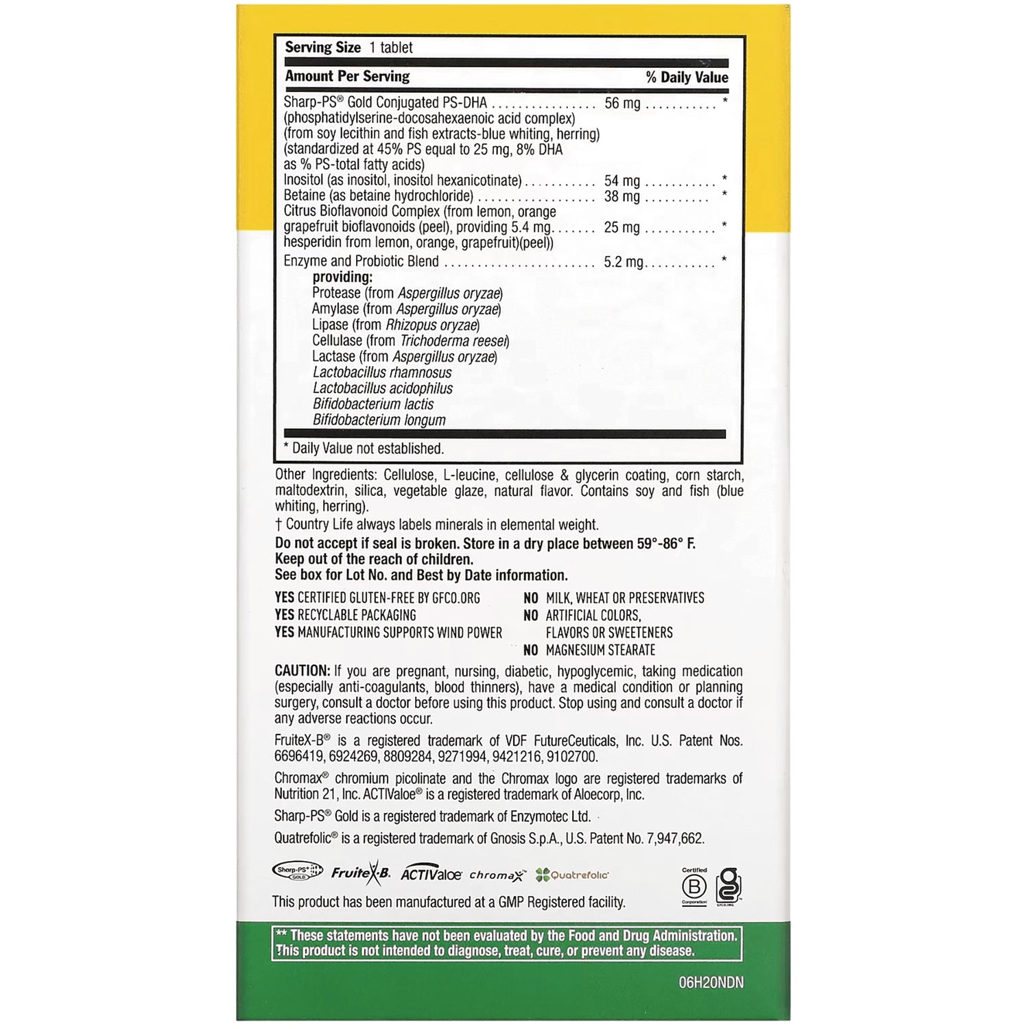 CRL530 | Back panel with supplement facts, ingredient and caution text, certifications, yellow top and green footer
