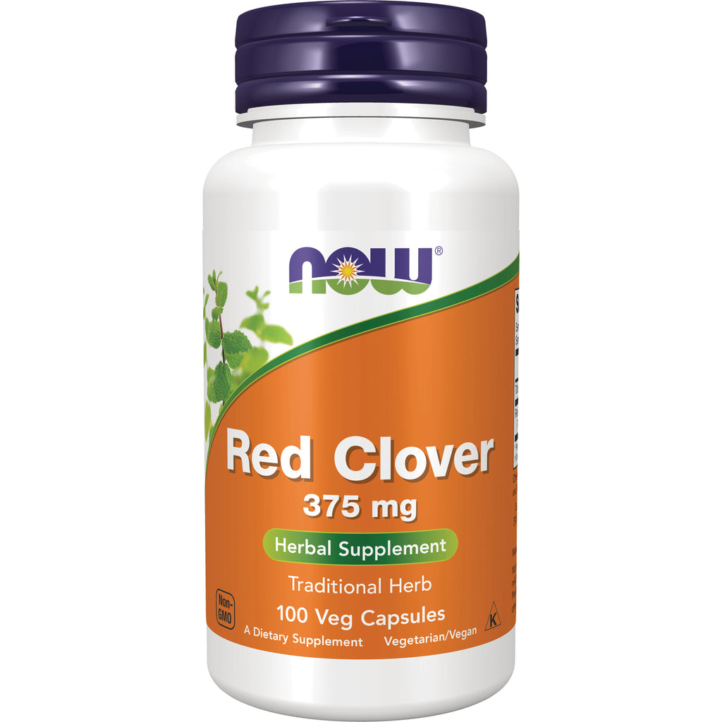 NWF506 | NOW Red Clover 375 mg herbal supplement bottle with orange label reading 100 Veg Capsules and purple cap - Thumbnail
