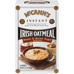 MCA005 | McCann's Instant Irish Oatmeal Maple & Brown Sugar front box with bowl of oatmeal and 10 packets