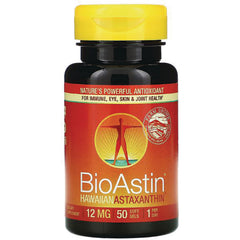 NUT022 | BioAstin Hawaiian Astaxanthin supplement bottle with yellow cap, 12 mg, 50 soft gels