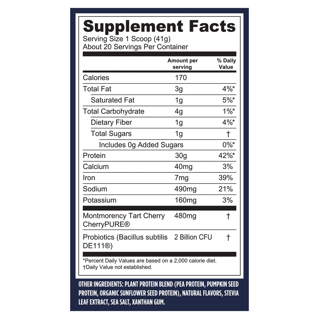 VGA005 | Supplement Facts back panel: 170 calories, 30g protein, 2 Billion CFU probiotics, 480mg tart cherry - Thumbnail